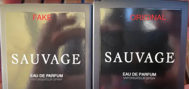 Picture is showing original and fake Dior Sauvage Box