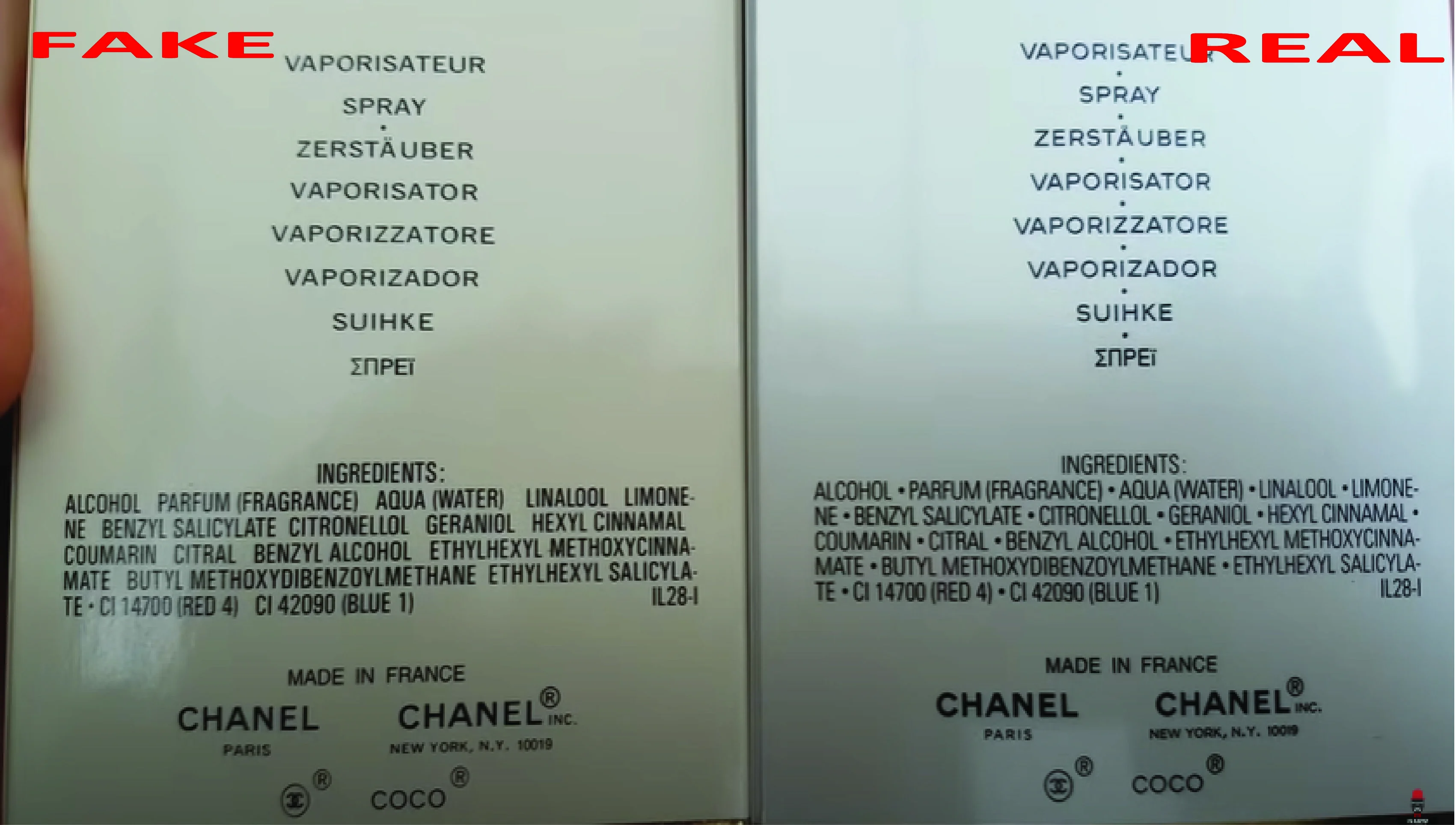 The back  packaging of real vs. fake Chanel mademoiselle perfume
