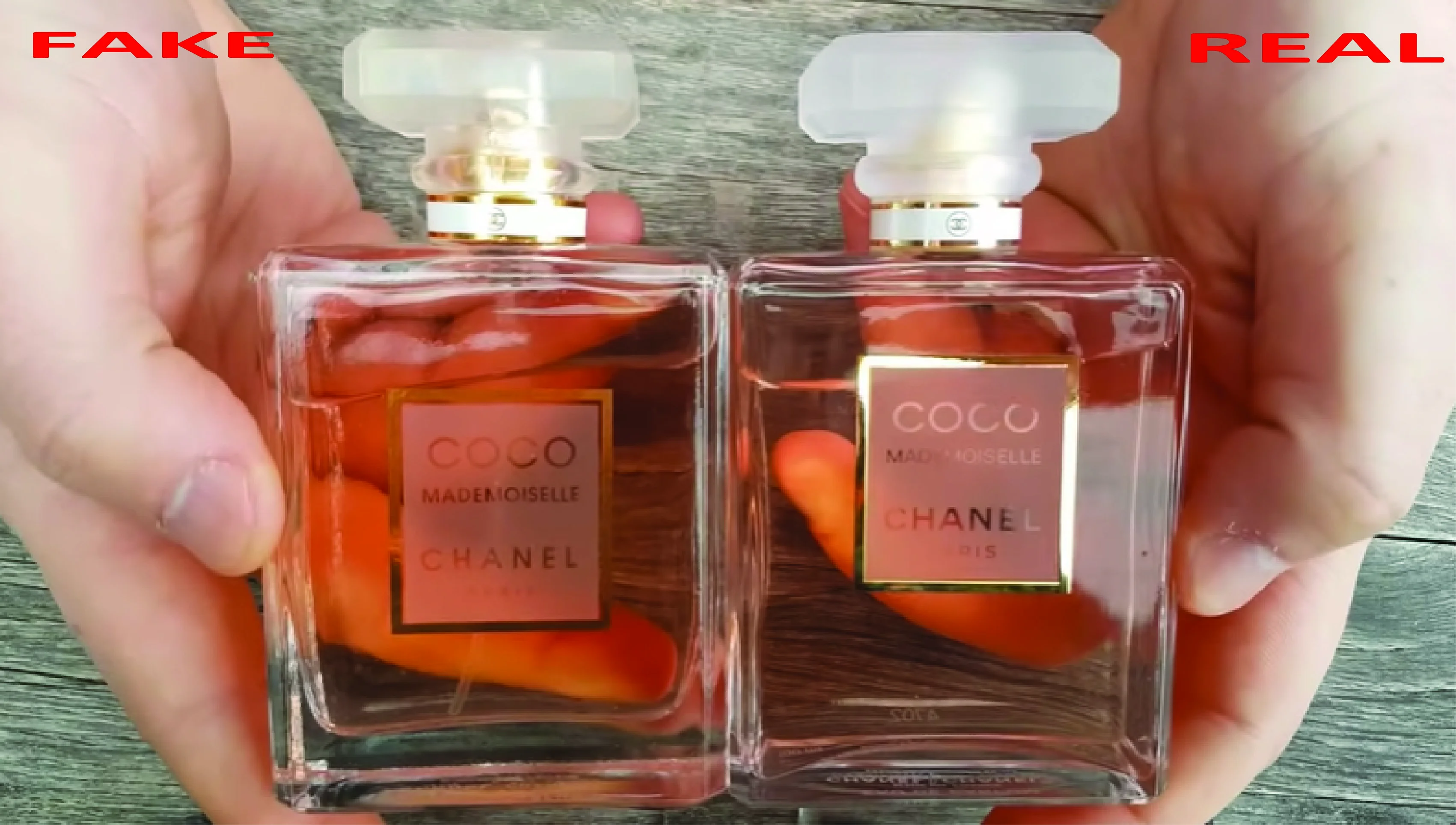 The difference in glass bottle  of real vs. fake Chanel mademoiselle perfume