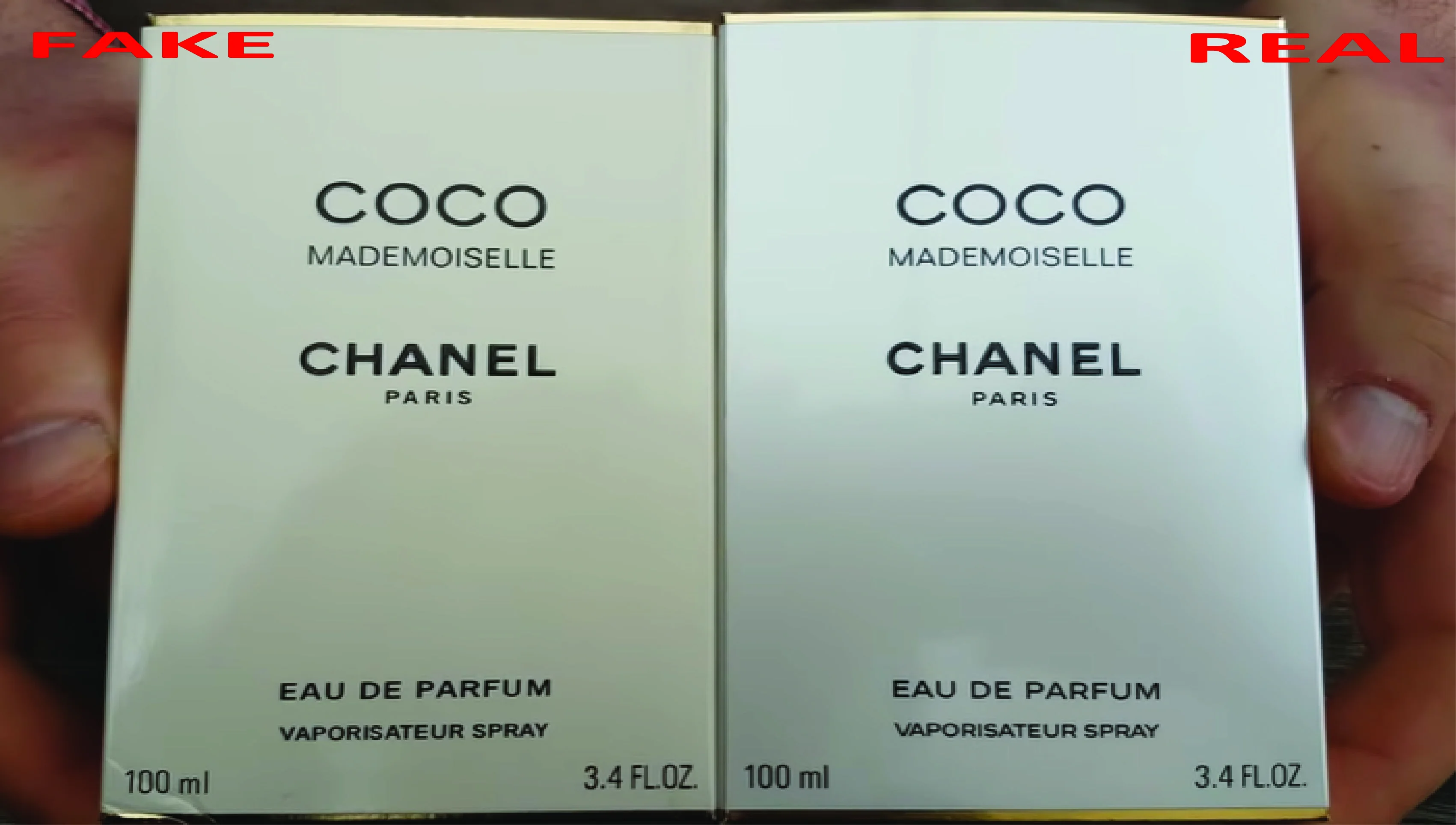 The front packaging of real vs. fake Chanel mademoiselle perfume is shown in this picture. The real one is whitish and the fake seems pale colored