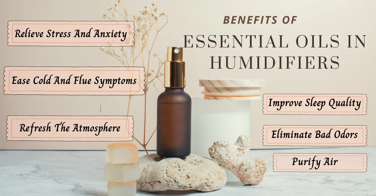 The picture shows Benefits of using essential oil in humidifiers
