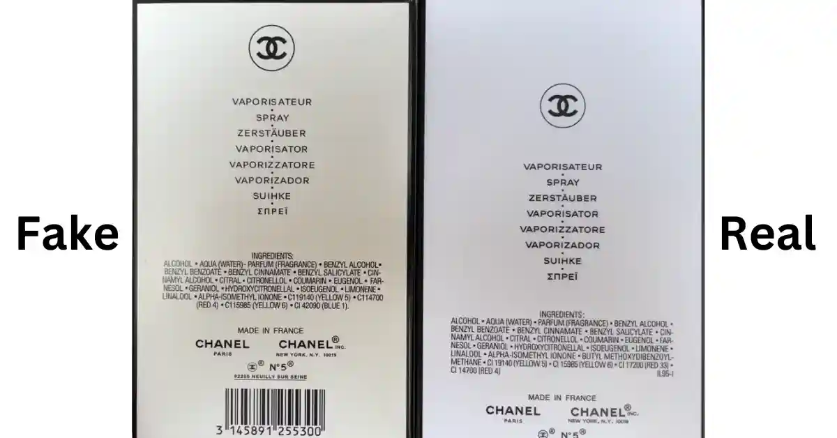 Chanel No 5 Box rear side is shown in the picture of original and fake one