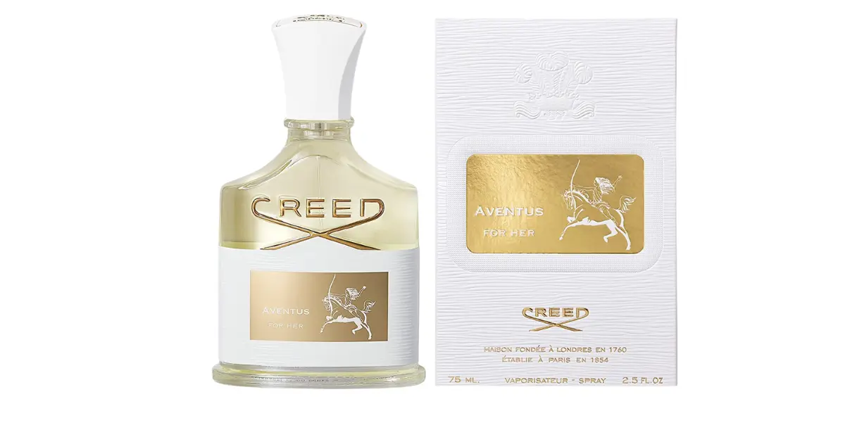 Creed Aventus for her box and bottle are shown in the picture.The perfume seems like gold water in a magnetic and elegant bottle with a super chic bottle cap