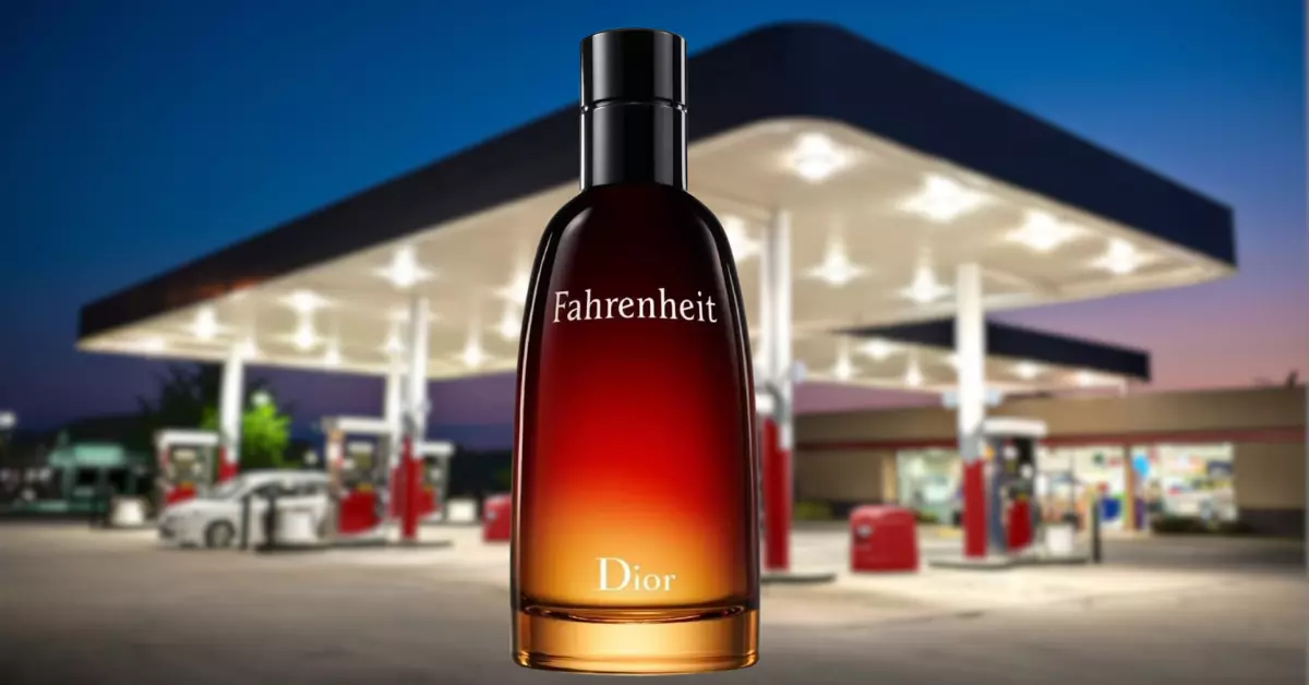 Dior Fahrenheit perfume is shown with a gas station in the background since the opening of perfume is kerosine-like