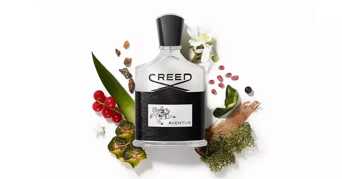aventus by creed bottle is shown alongside pictorial representation of notes
