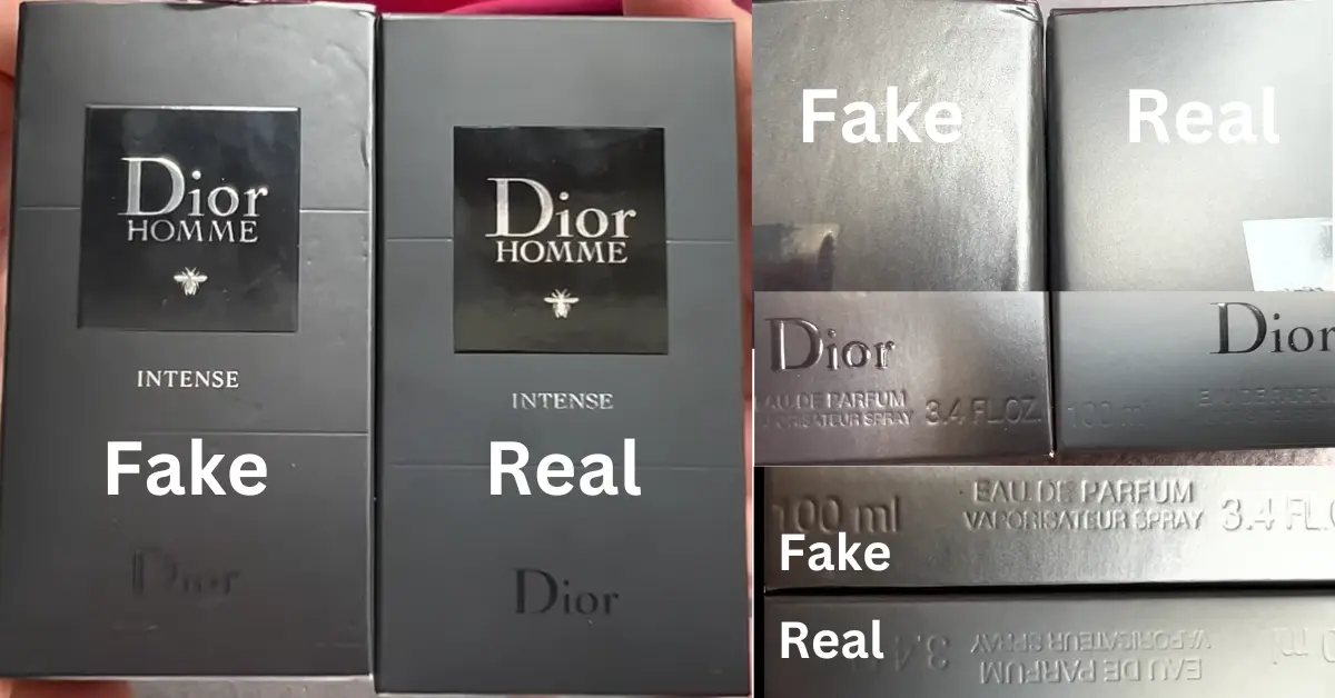 The picture shows the box of real and counterfeit Dior Homme intense where the quality and finish differences are obvious