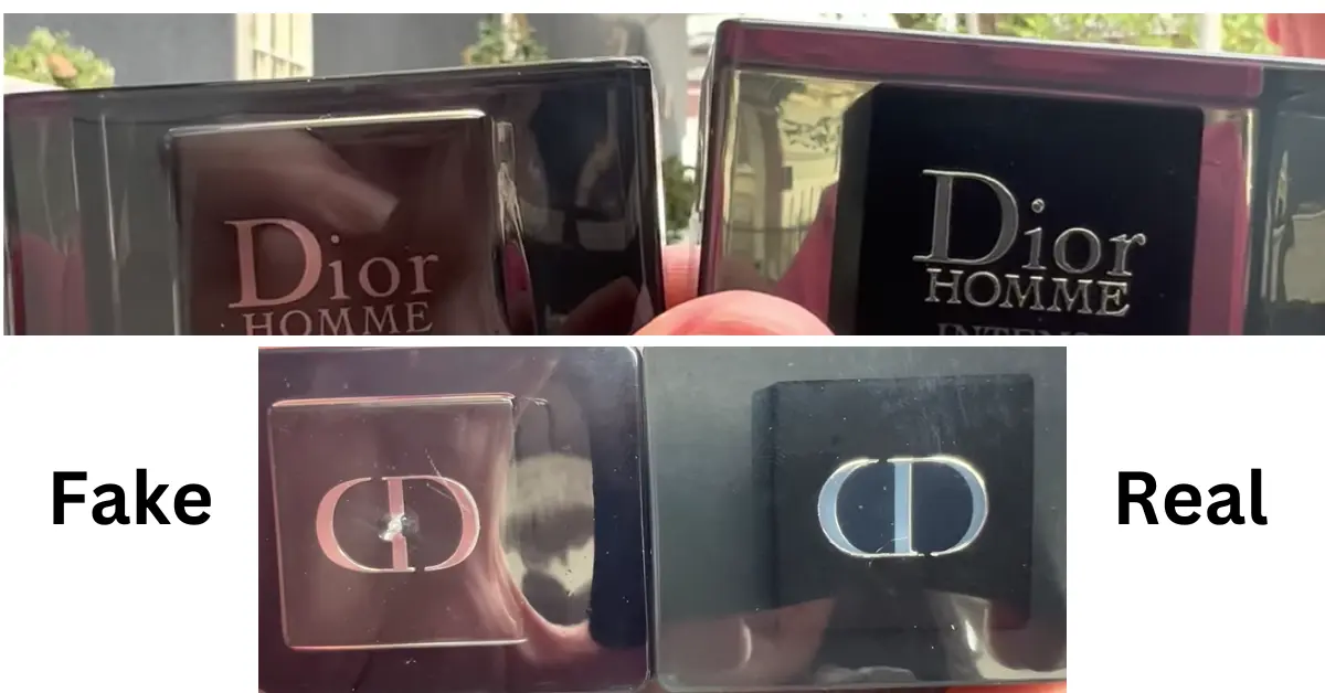 cap of original and fake Dior homme intense are shown in the picture. the counterfeit cap is more opaque than the real one