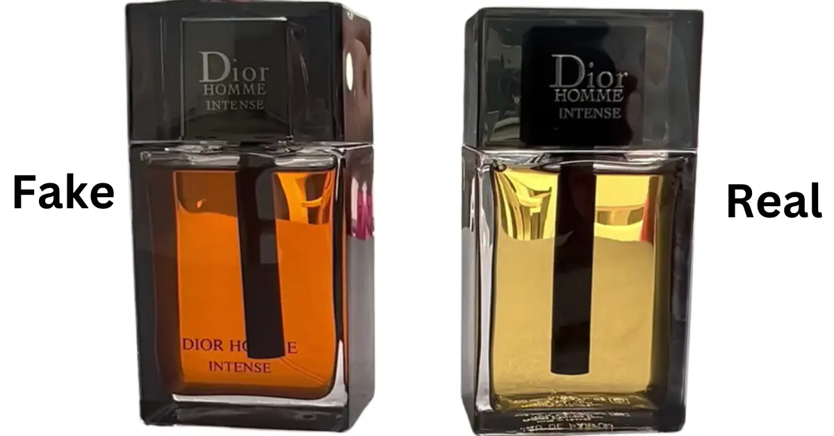 In the picture, you can clearly see the fake Dior Homme Intense Perfume has more orange and copper hues. However, the authentic Dior Homme Intense Perfume is more on a gold-champagne tone.