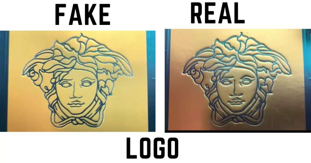 a closeup of versace eros logo is shown in the picture with the differences of original vs counterfiet