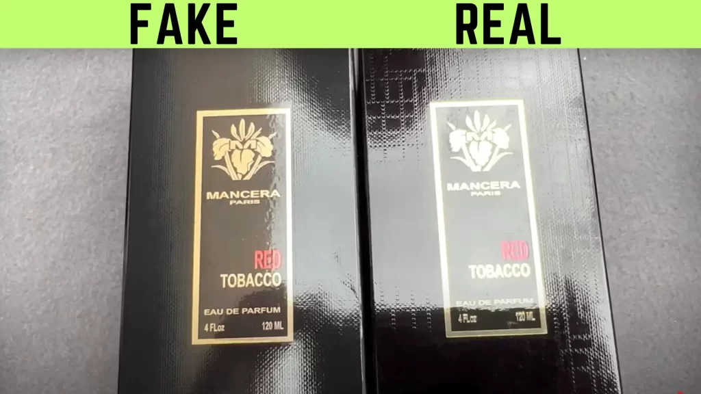 Box front of fake mancera red tobacco perfume is shown vs the original in the picture