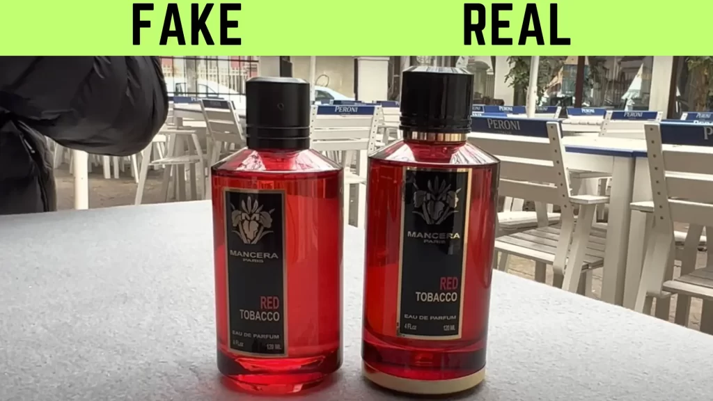 The counterfeit bottle appears smaller, leaner, and shorter, with a cap lacking a golden rim and a centrally placed logo without a golden bottom, proving its in-authenticity